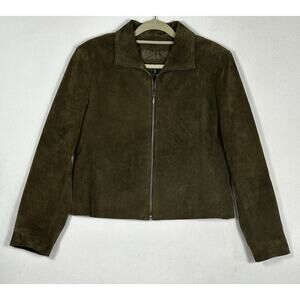 Vintage Womens SZ 12 Olive Green Suede Leather Full Zip Jacket Lined Revue